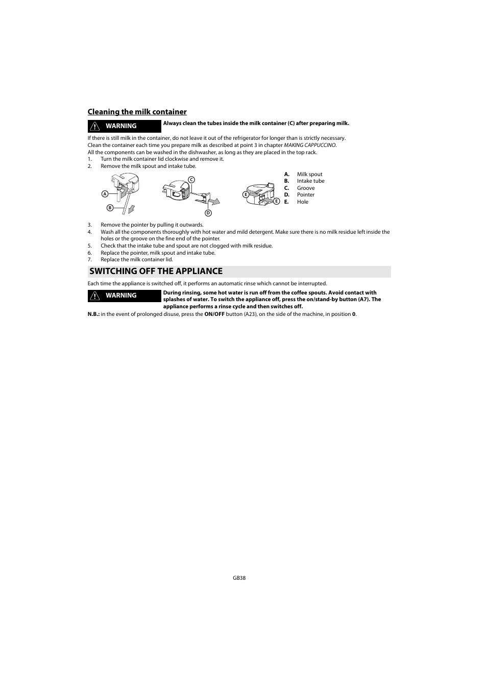 Cleaning the milk container, Switching off the appliance | Whirlpool ACE 102 IX User Manual | Page 40 / 298