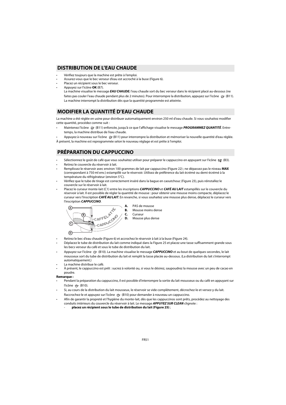 Distribution de l’eau chaude, Modifier la quantité d’eau chaude, Préparation du cappuccino | Whirlpool ACE 102 IX User Manual | Page 53 / 298