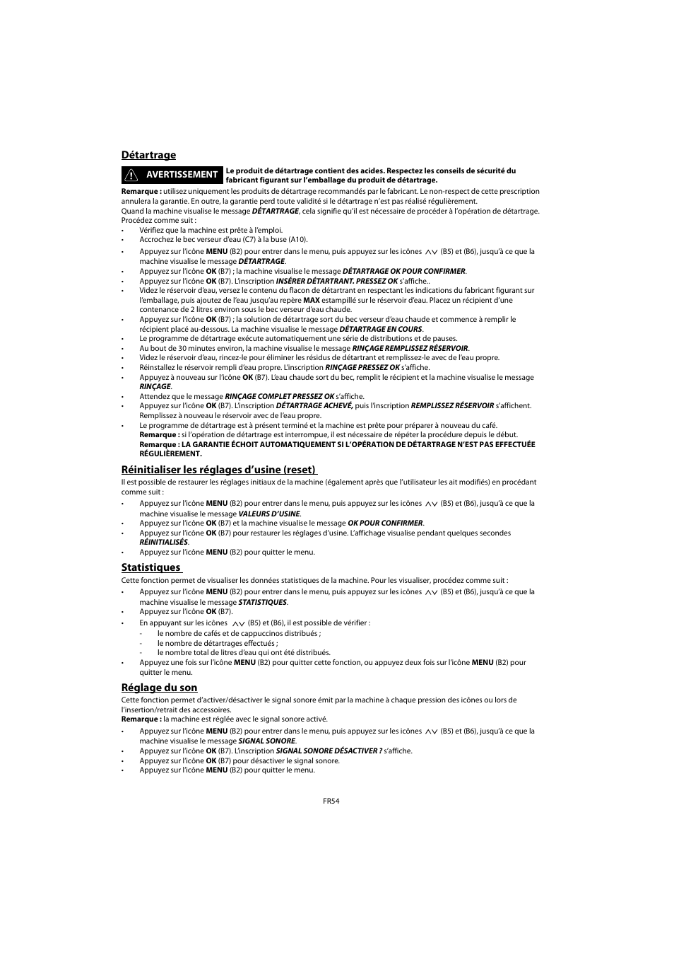 Détartrage, Réinitialiser les réglages d’usine (reset), Statistiques | Réglage du son | Whirlpool ACE 102 IX User Manual | Page 56 / 298