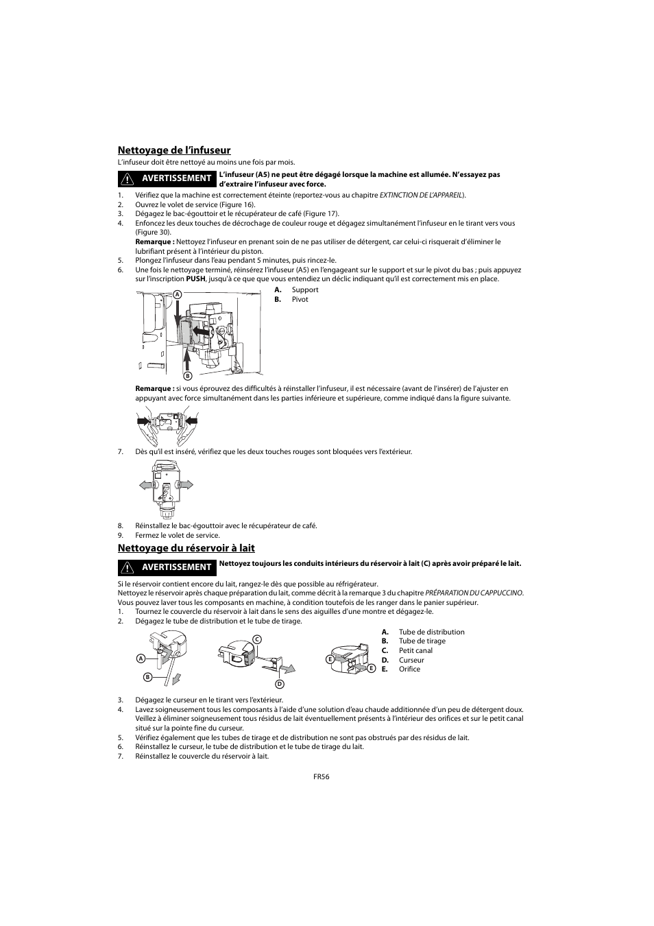 Nettoyage de l’infuseur, Nettoyage du réservoir à lait | Whirlpool ACE 102 IX User Manual | Page 58 / 298