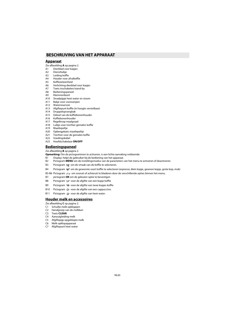 Beschrijving van het apparaat, Apparaat, Bedieningspaneel | Houder melk en accessoires | Whirlpool ACE 102 IX User Manual | Page 67 / 298