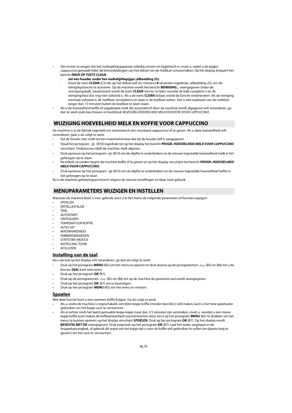 Menuparameters wijzigen en instellen, Instelling van de taal, Spoelen | Instelling van de taal spoelen, K menuparameters wijzigen en instellen , fu | Whirlpool ACE 102 IX User Manual | Page 72 / 298