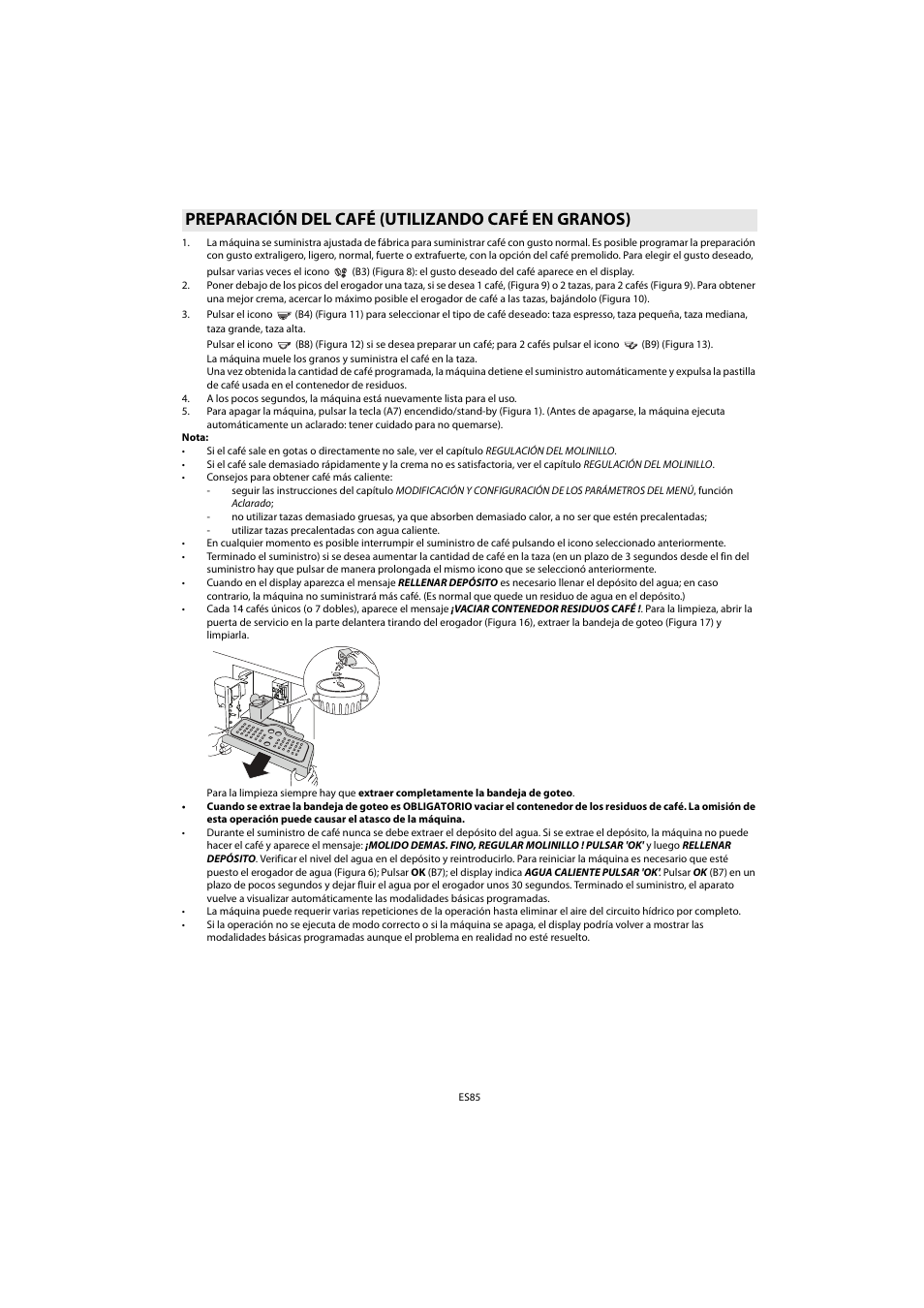 Preparación del café (utilizando café en granos) | Whirlpool ACE 102 IX User Manual | Page 87 / 298