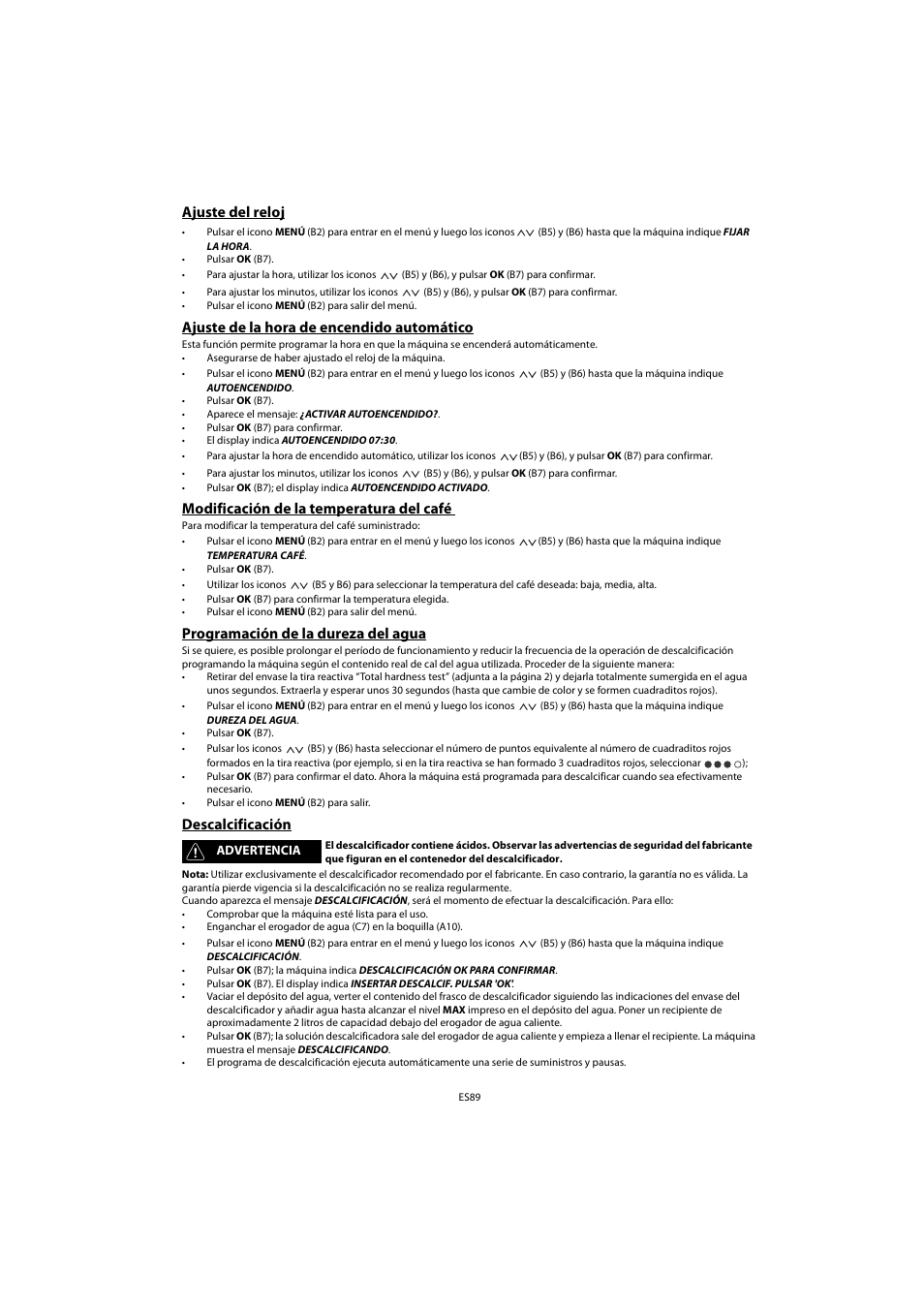 Ajuste del reloj, Ajuste de la hora de encendido automático, Modificación de la temperatura del café | Programación de la dureza del agua, Descalcificación | Whirlpool ACE 102 IX User Manual | Page 91 / 298