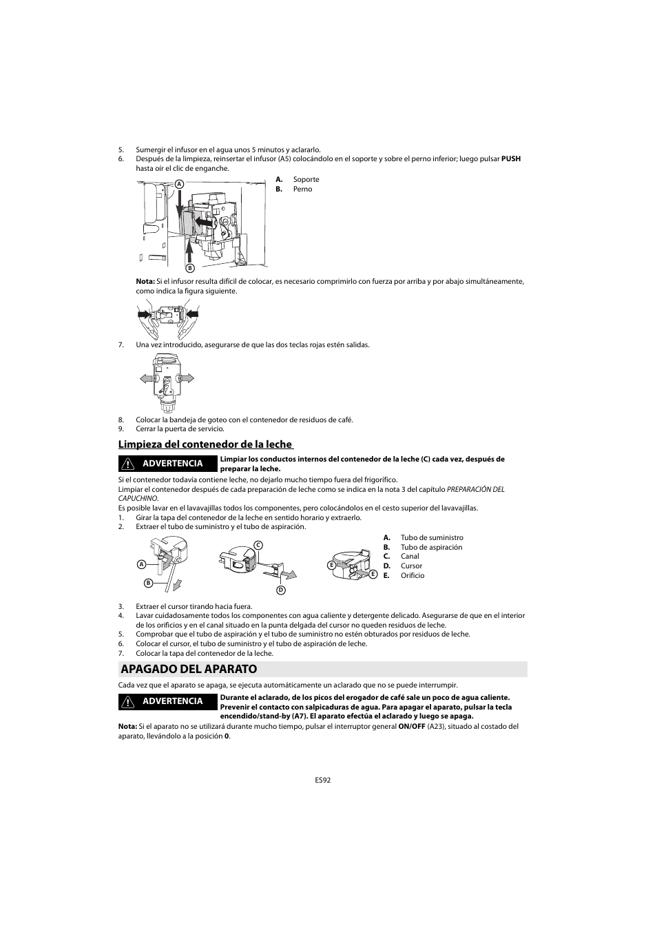 Limpieza del contenedor de la leche, Apagado del aparato | Whirlpool ACE 102 IX User Manual | Page 94 / 298