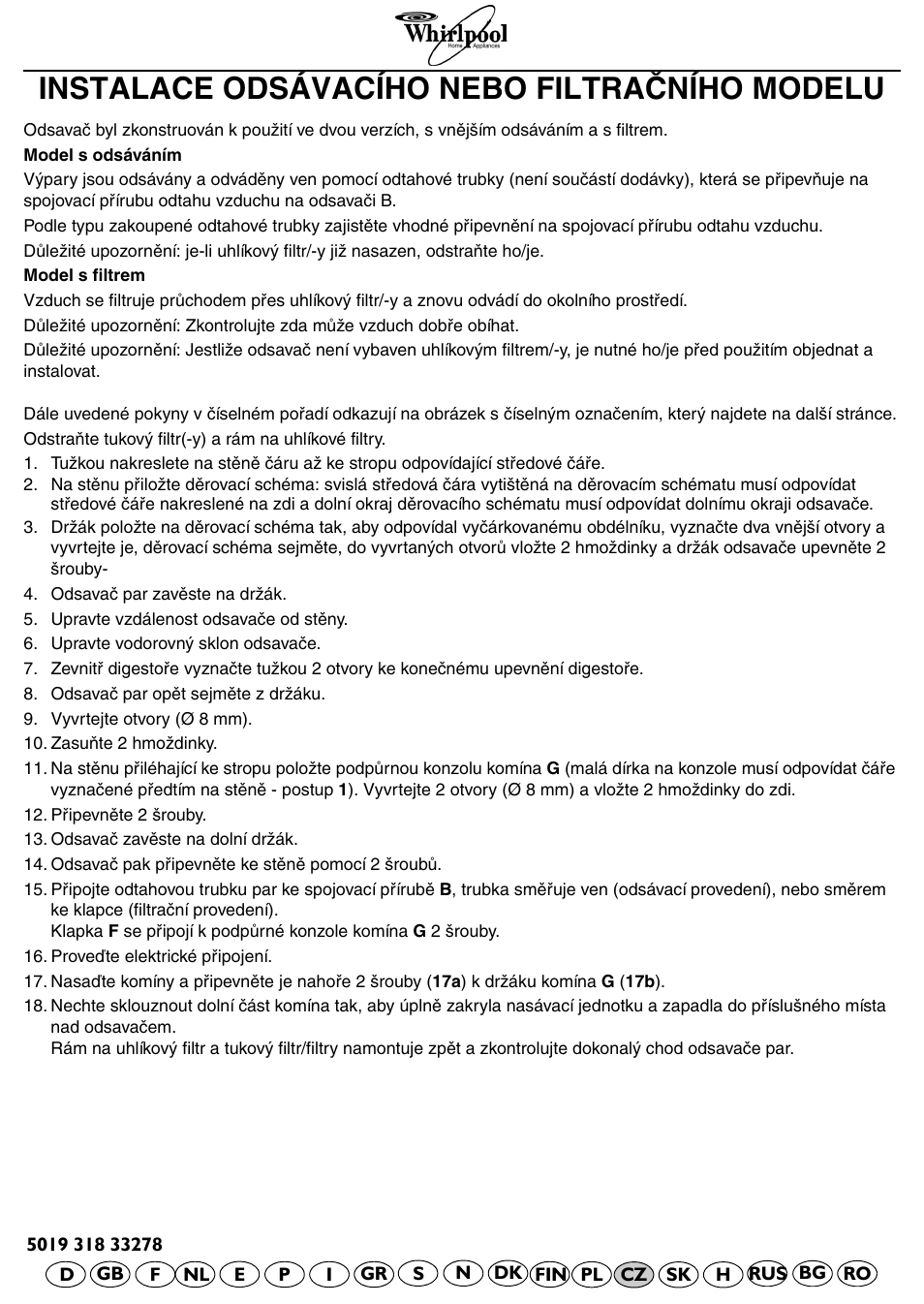 Instalace odsávacího nebo filtračního modelu | Whirlpool AKR 799 IXL User Manual | Page 10 / 12