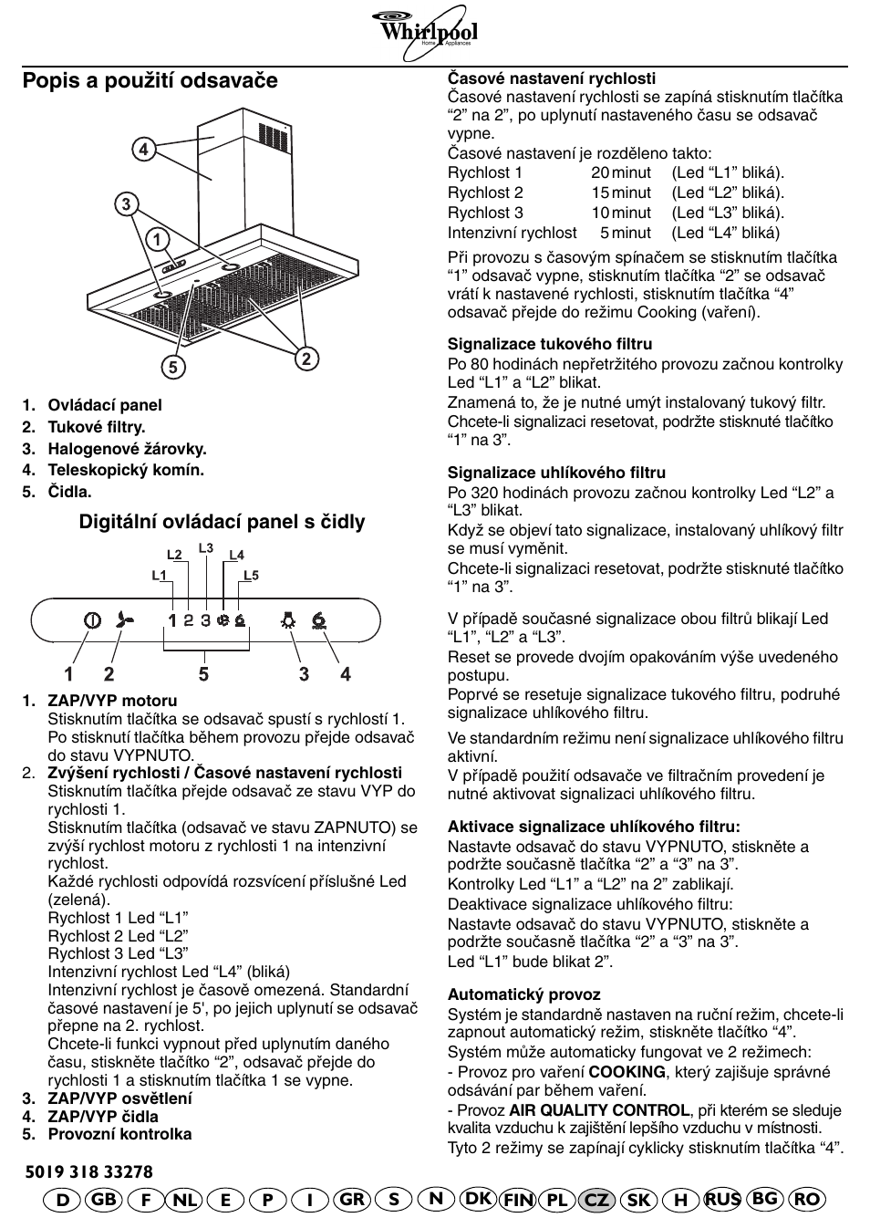 Popis a použití odsavače | Whirlpool AKR 799 IXL User Manual | Page 11 / 12