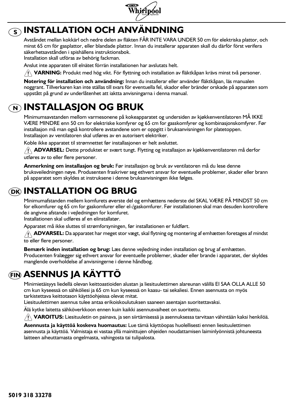 Installasjon og bruk, Installation och användning, Installation og brug | Asennus ja käyttö | Whirlpool AKR 799 IXL User Manual | Page 3 / 12