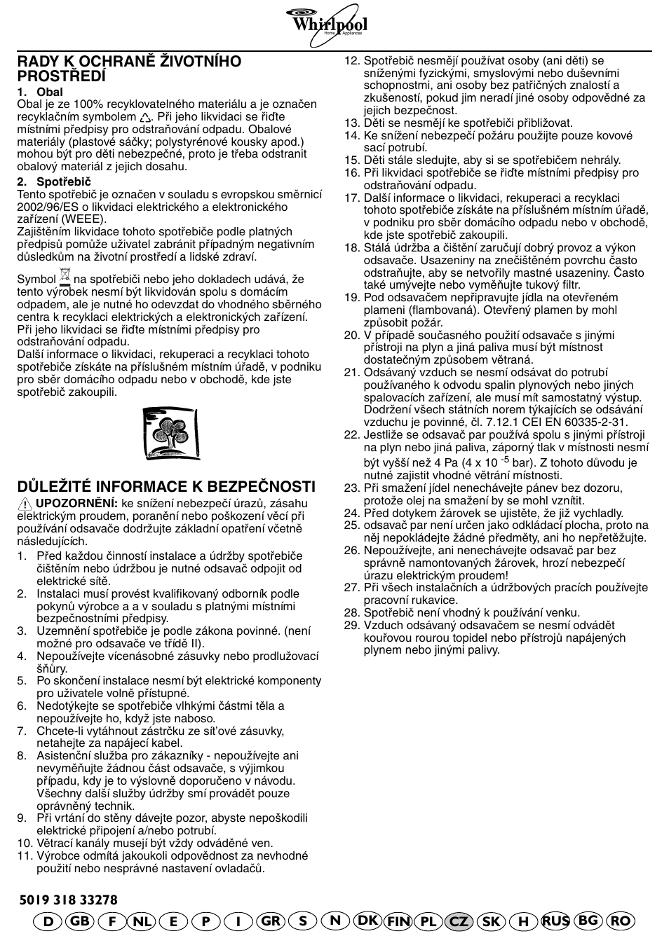 Rady k ochraně životního prostředí, Důležité informace k bezpečnosti | Whirlpool AKR 799 IXL User Manual | Page 8 / 12