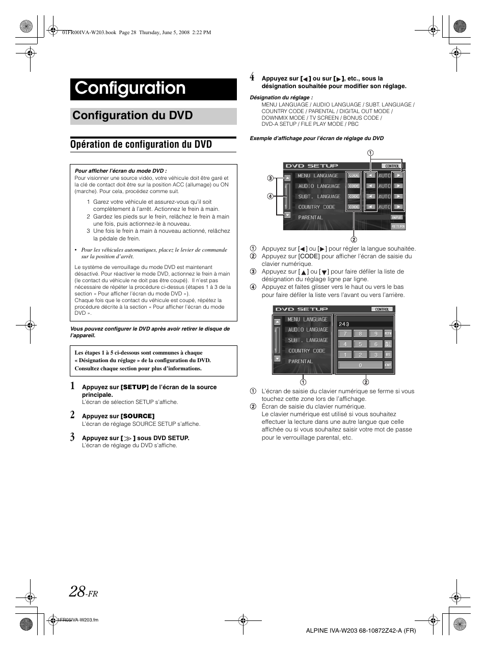 Configuration, Configuration du dvd, Opération de configuration du dvd | Alpine IVA-W203 User Manual | Page 108 / 240