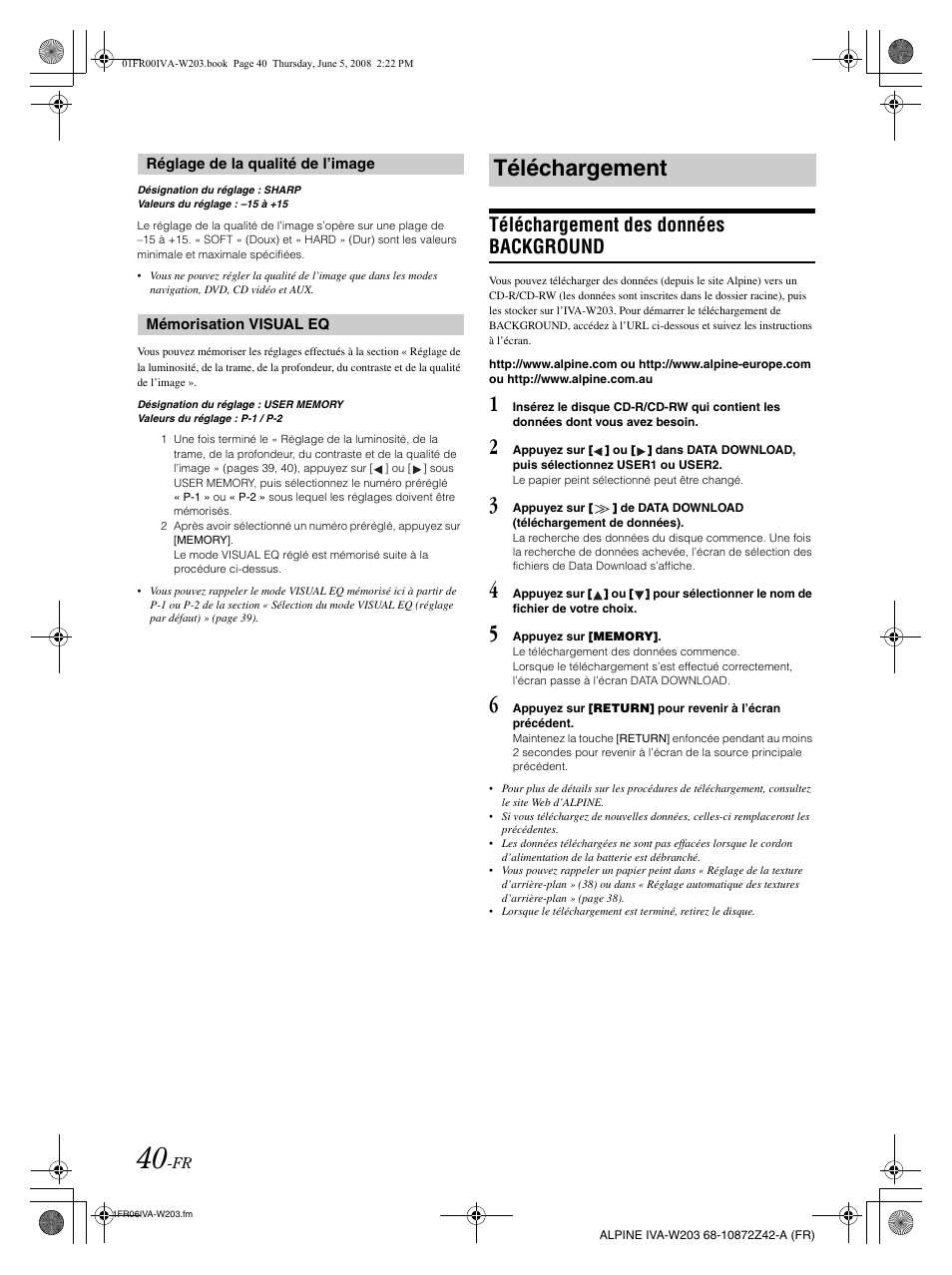 Téléchargement, Téléchargement des données background | Alpine IVA-W203 User Manual | Page 120 / 240