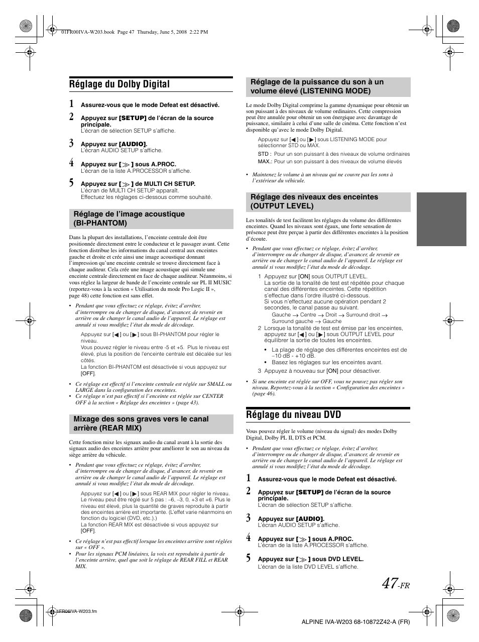Réglage du dolby digital, Réglage du niveau dvd | Alpine IVA-W203 User Manual | Page 127 / 240