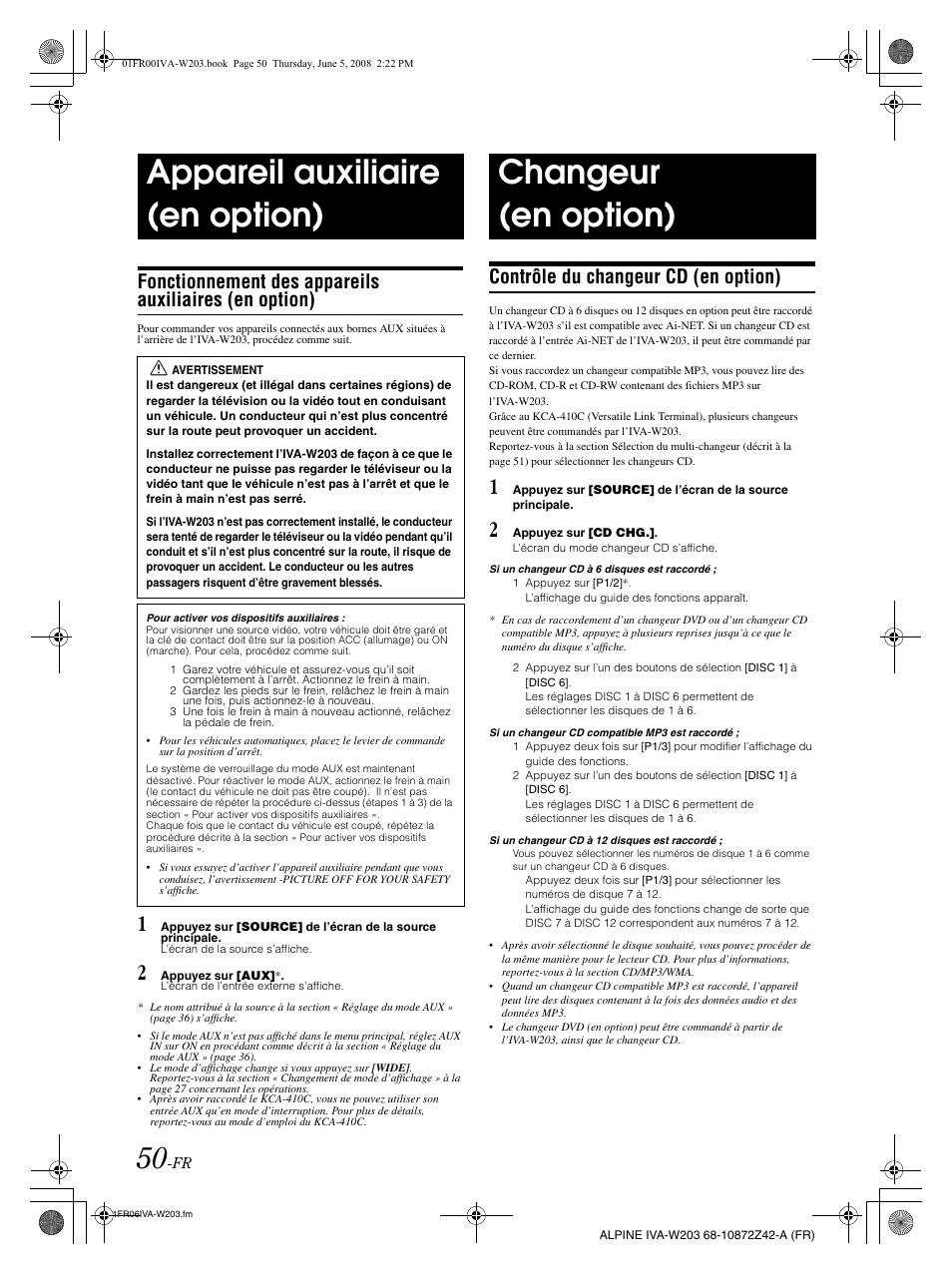 Appareil auxiliaire (en option), Changeur (en option), Contrôle du changeur cd (en option) | Alpine IVA-W203 User Manual | Page 130 / 240