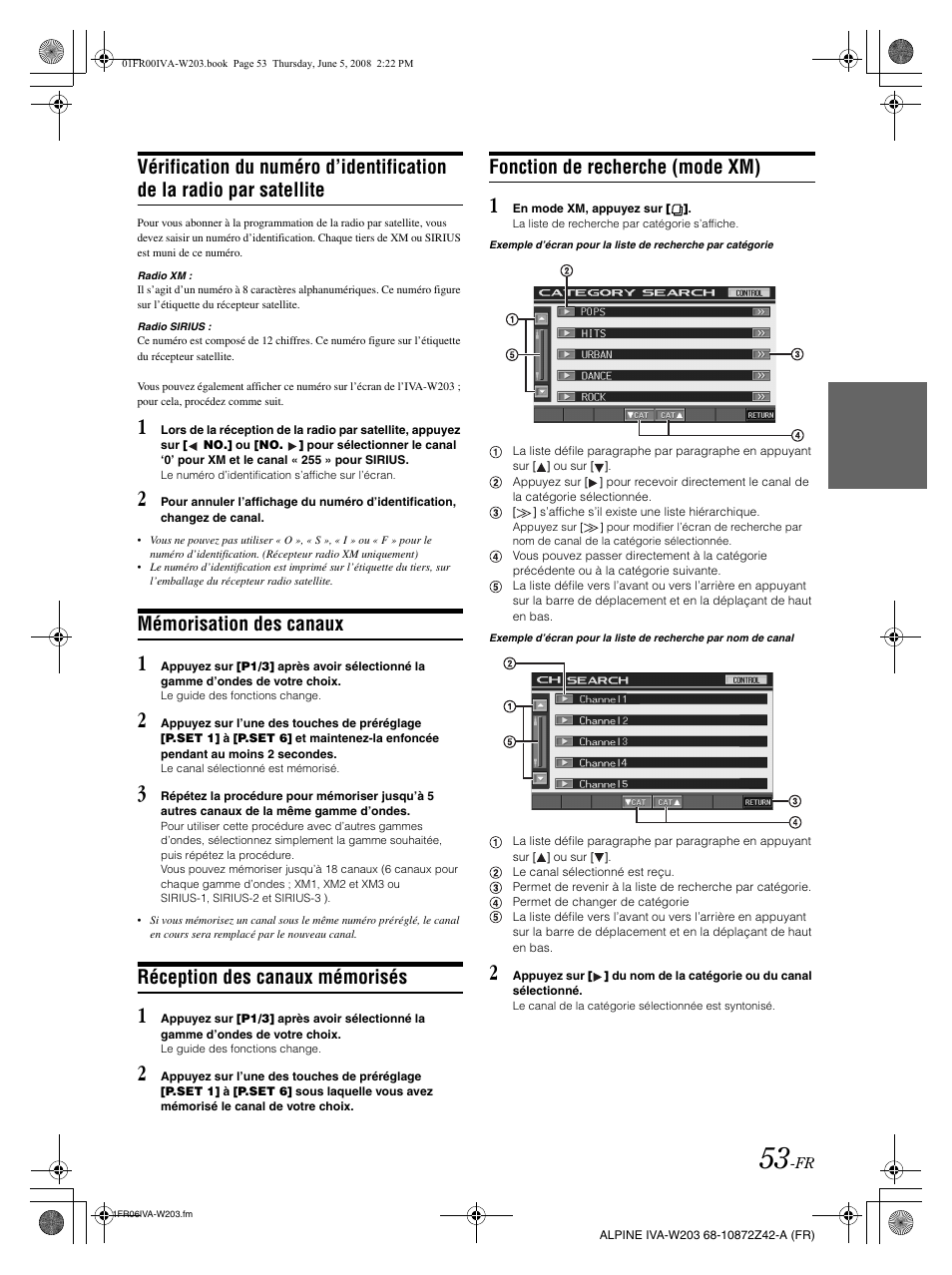Mémorisation des canaux, Réception des canaux mémorisés, Fonction de recherche (mode xm) | Alpine IVA-W203 User Manual | Page 133 / 240