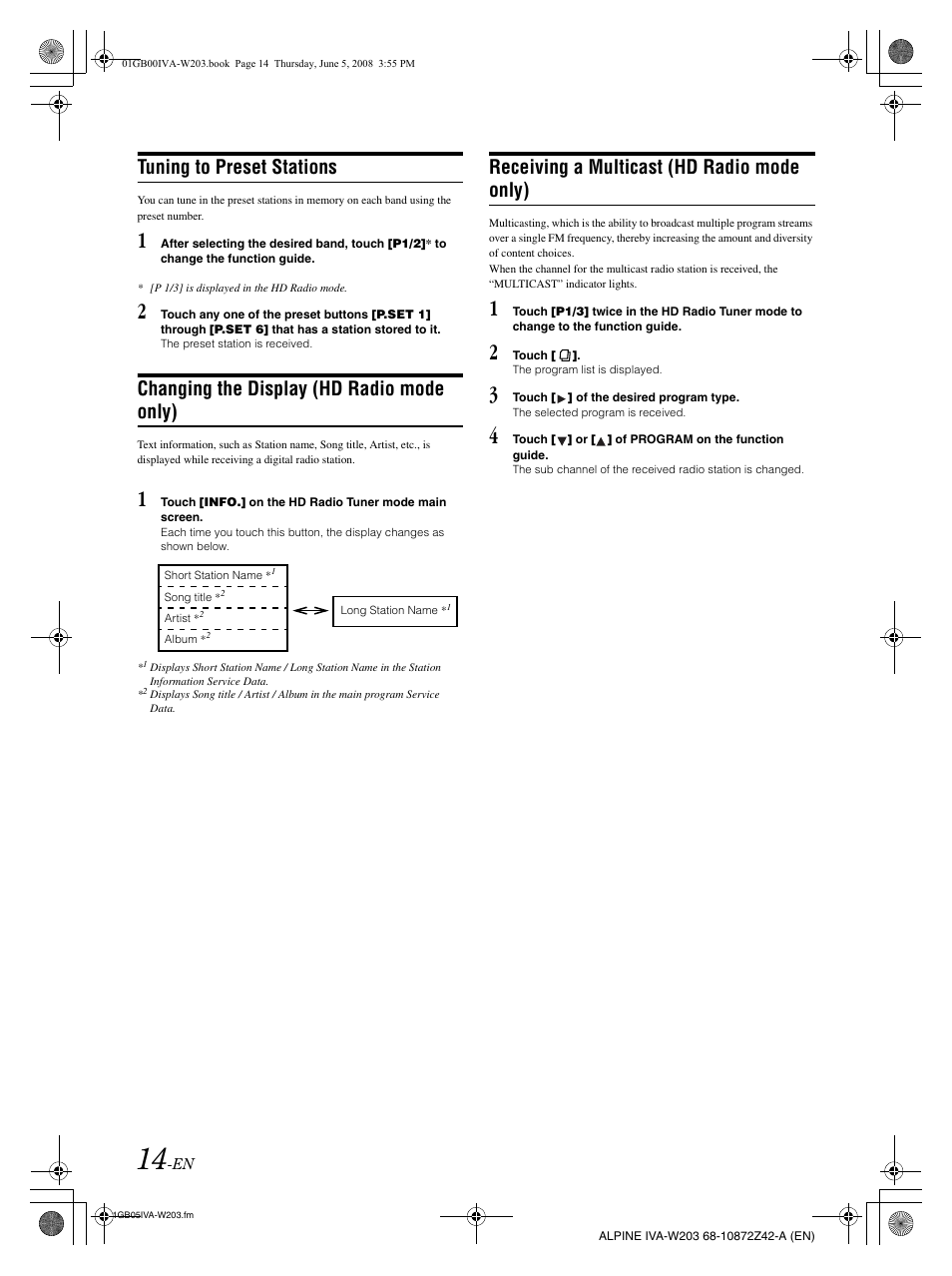 Tuning to preset stations, Changing the display (hd radio mode only), Receiving a multicast (hd radio mode only) | Alpine IVA-W203 User Manual | Page 16 / 240