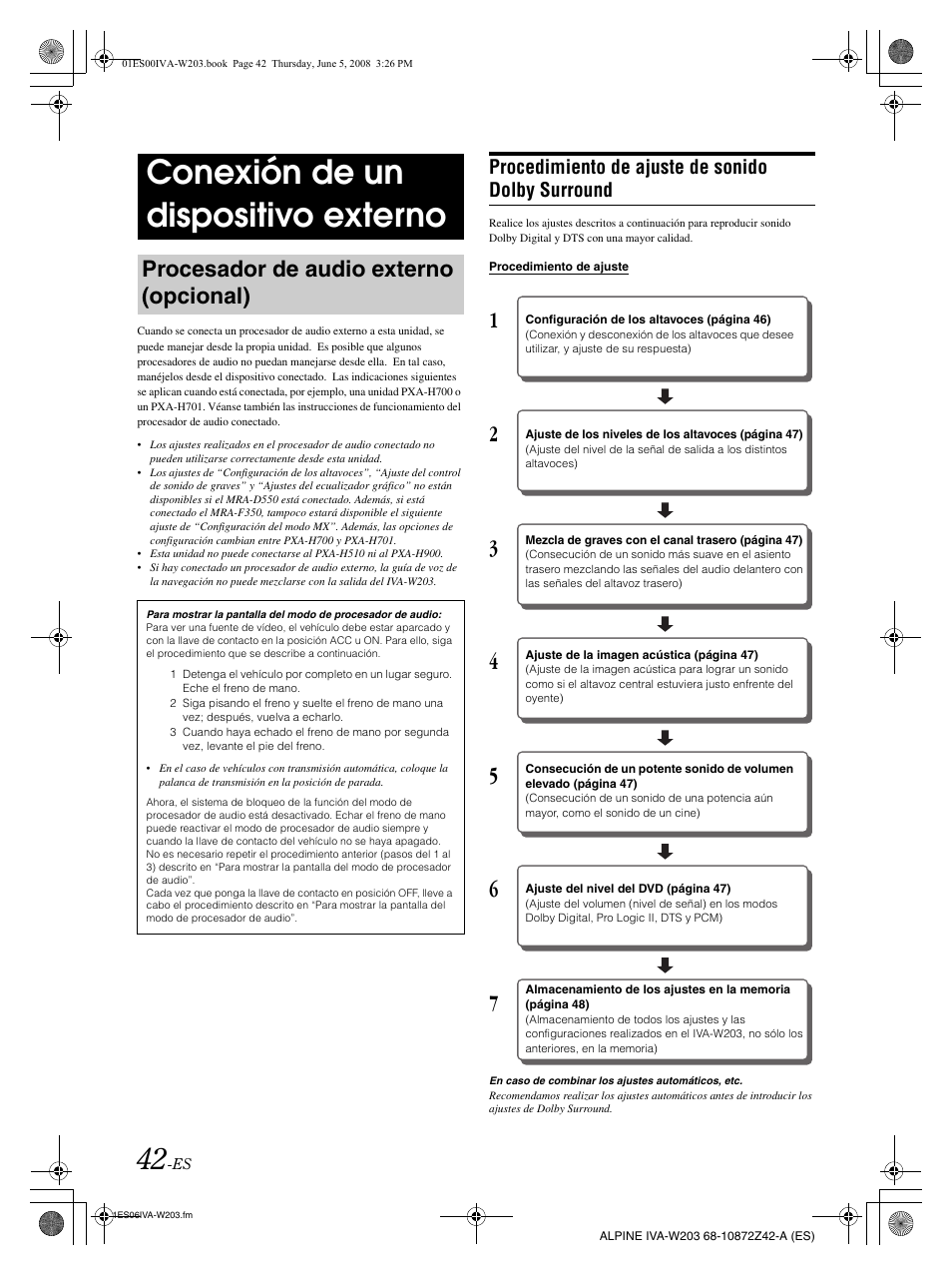 Conexión de un dispositivo externo, Procesador de audio externo (opcional), Procedimiento de ajuste de sonido dolby surround | Alpine IVA-W203 User Manual | Page 200 / 240