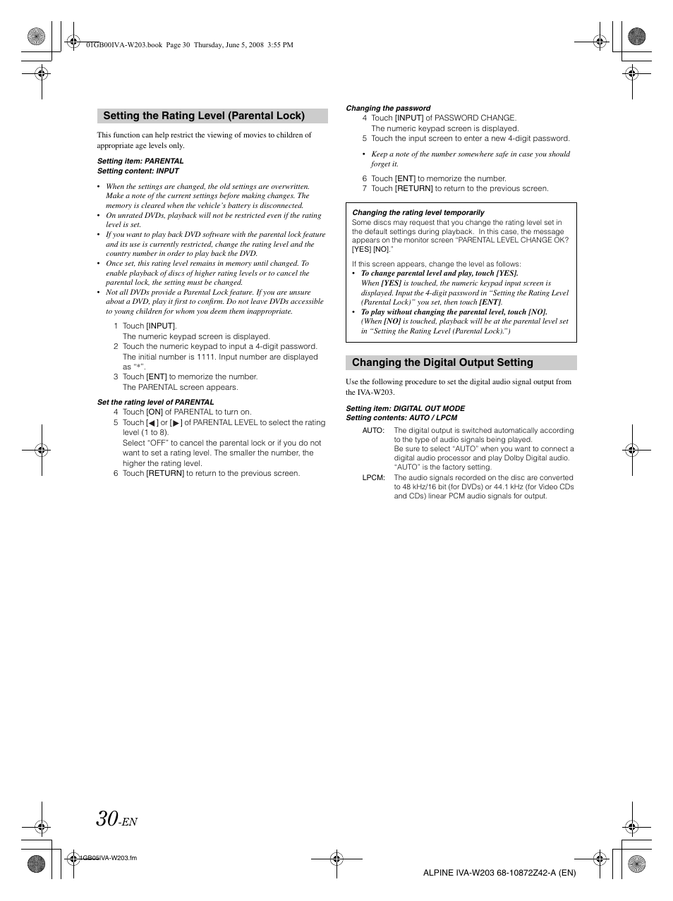 Setting the rating level (parental lock), Changing the digital output setting | Alpine IVA-W203 User Manual | Page 32 / 240
