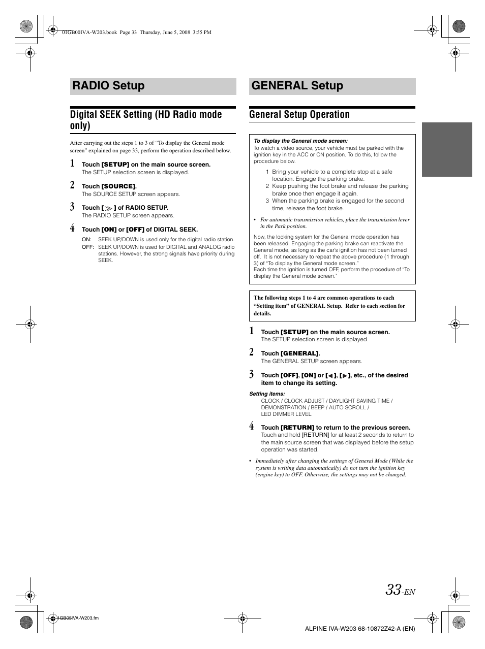 Radio setup, General setup, Digital seek setting (hd radio mode only) | General setup operation | Alpine IVA-W203 User Manual | Page 35 / 240