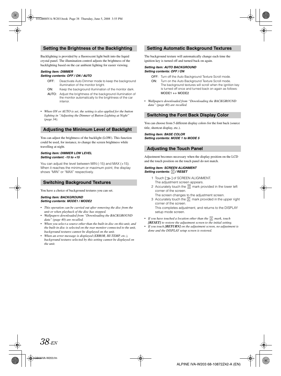 Setting the brightness of the backlighting | Alpine IVA-W203 User Manual | Page 40 / 240