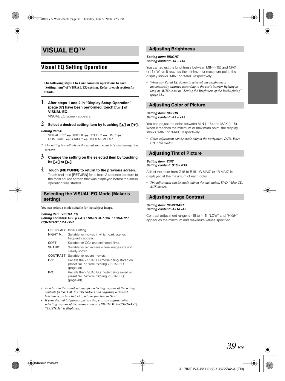 Visual eq, Visual eq setting operation | Alpine IVA-W203 User Manual | Page 41 / 240