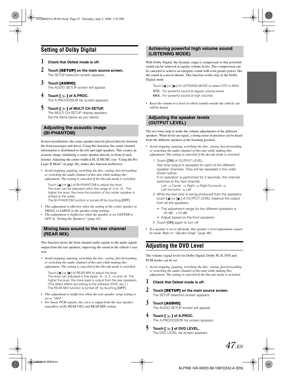 Setting of dolby digital, Adjusting the dvd level | Alpine IVA-W203 User Manual | Page 49 / 240
