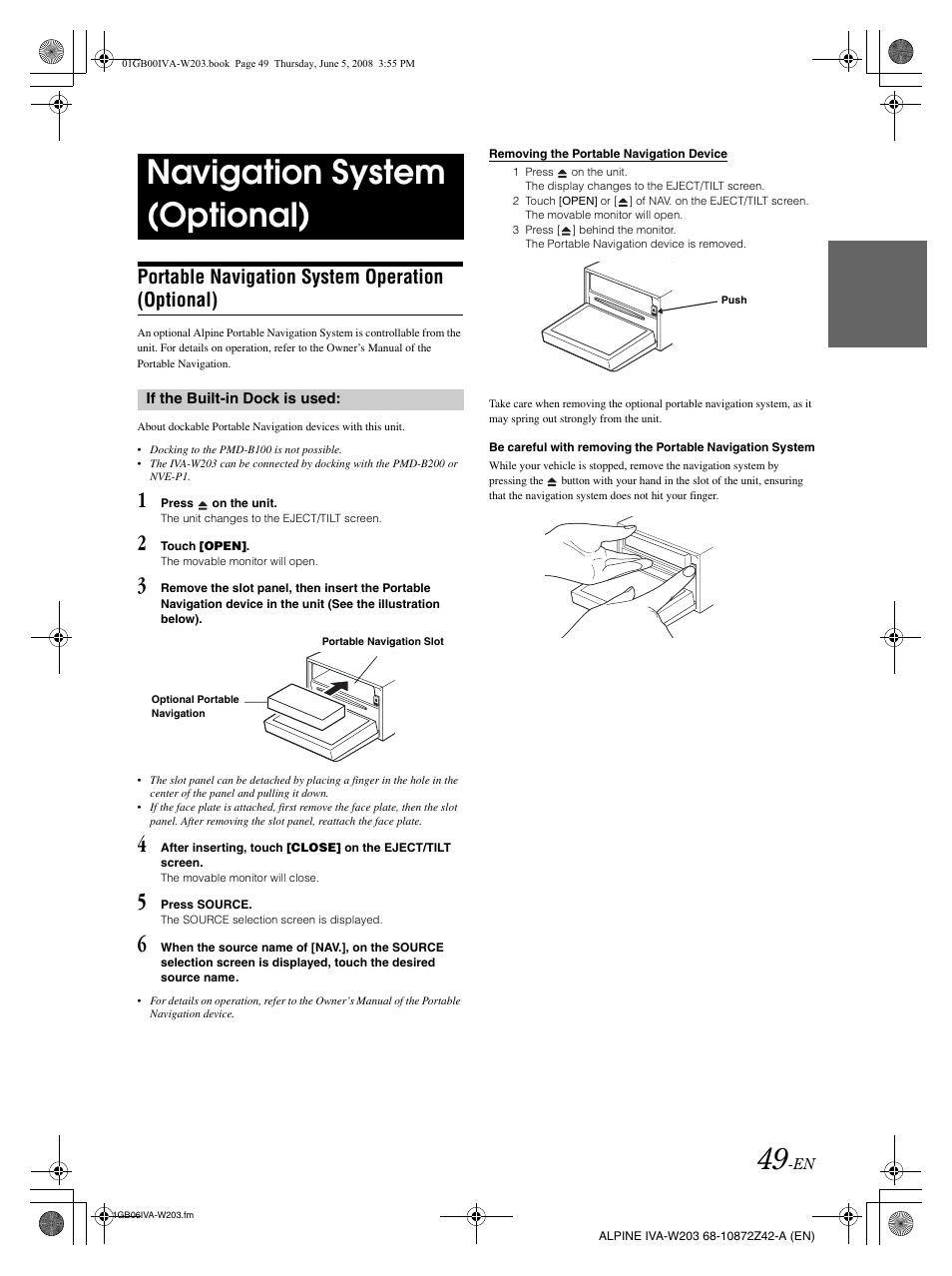 Navigation system (optional), Portable navigation system operation (optional) | Alpine IVA-W203 User Manual | Page 51 / 240