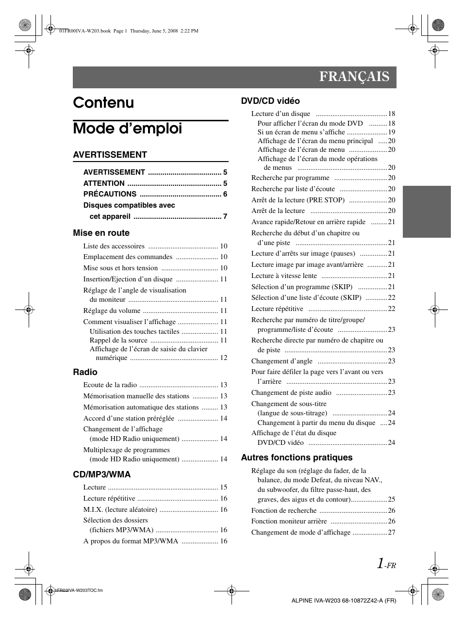 Contenu mode d’emploi, Français | Alpine IVA-W203 User Manual | Page 81 / 240