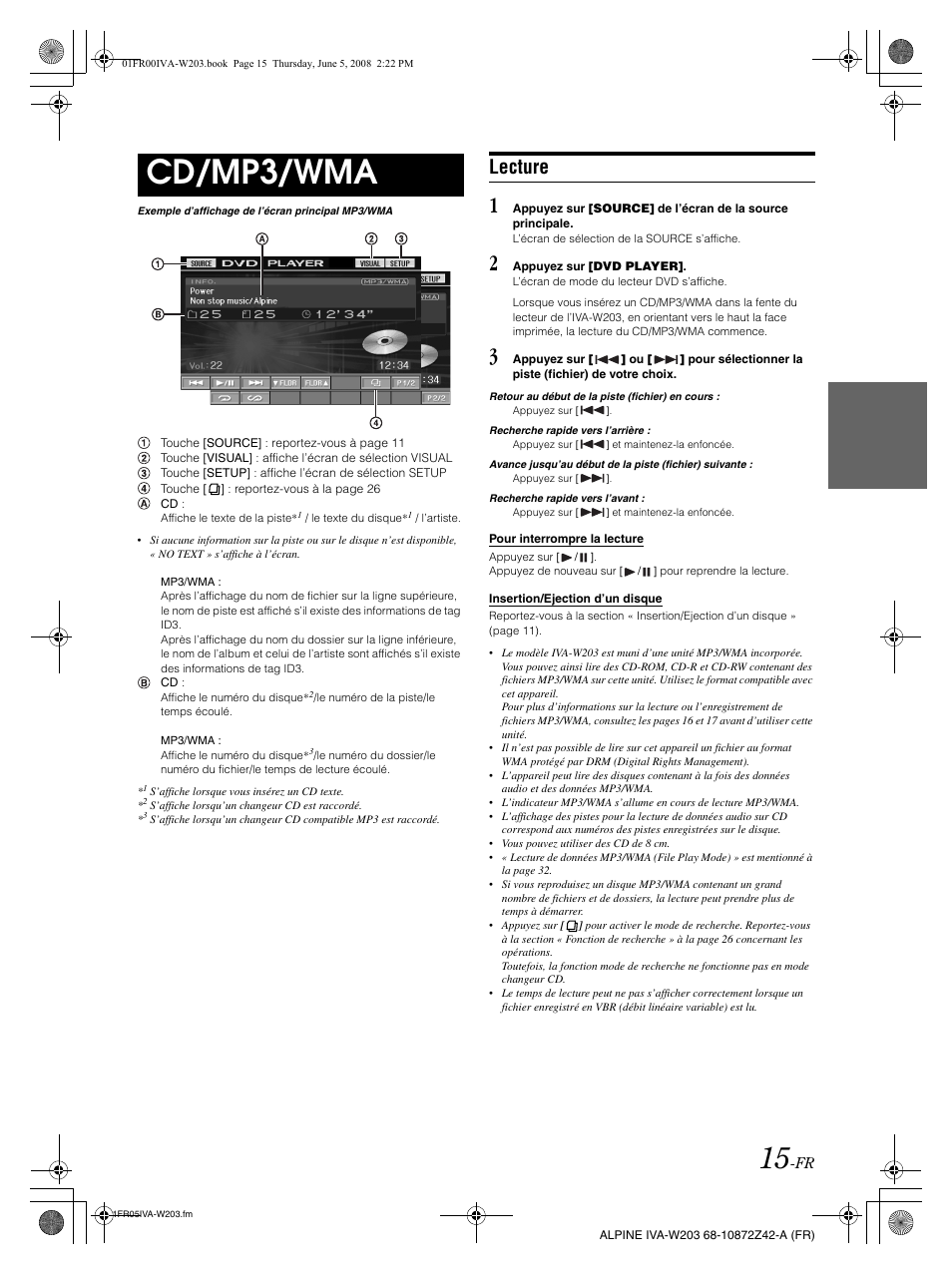 Cd/mp3/wma, Lecture | Alpine IVA-W203 User Manual | Page 95 / 240