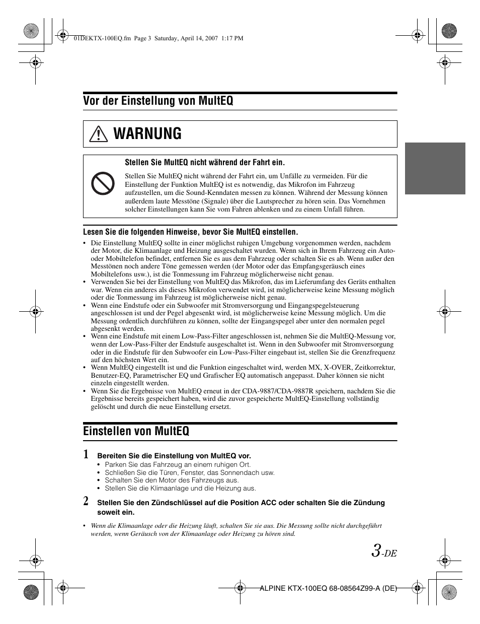 Warnung, Vor der einstellung von multeq, Einstellen von multeq | Alpine KTX-100EQ User Manual | Page 13 / 60