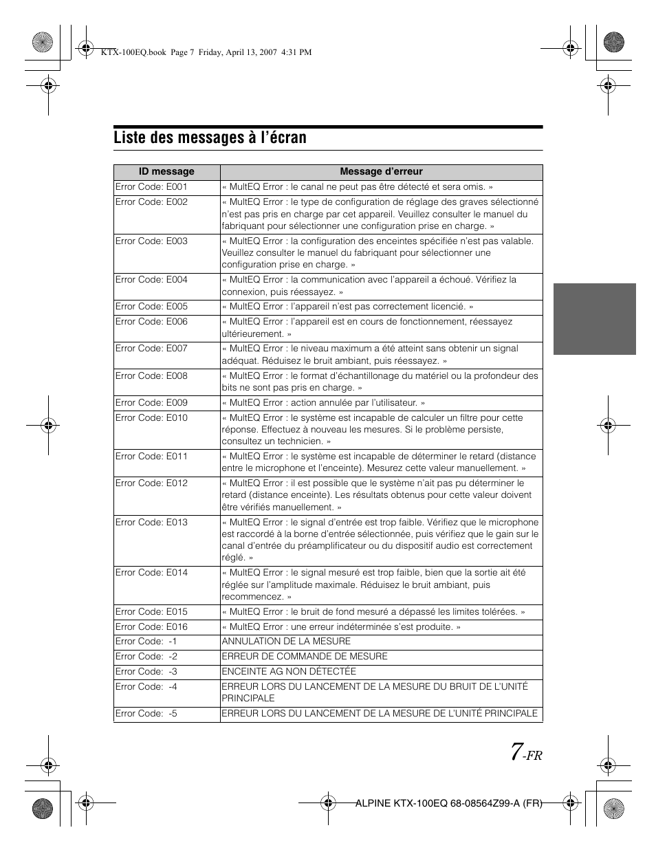 Liste des messages à l’écran | Alpine KTX-100EQ User Manual | Page 25 / 60