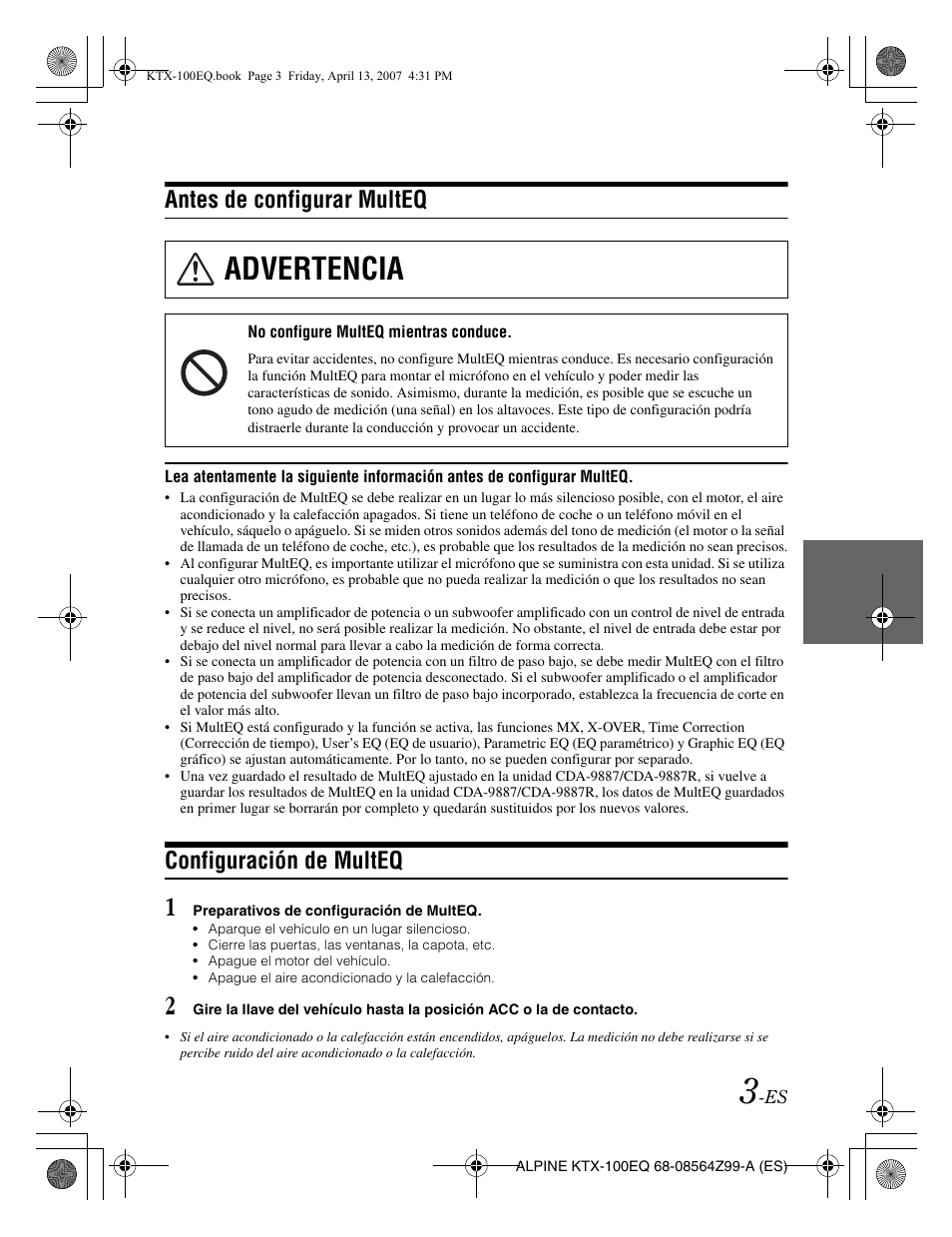 Advertencia, Antes de configurar multeq, Configuración de multeq | Alpine KTX-100EQ User Manual | Page 29 / 60