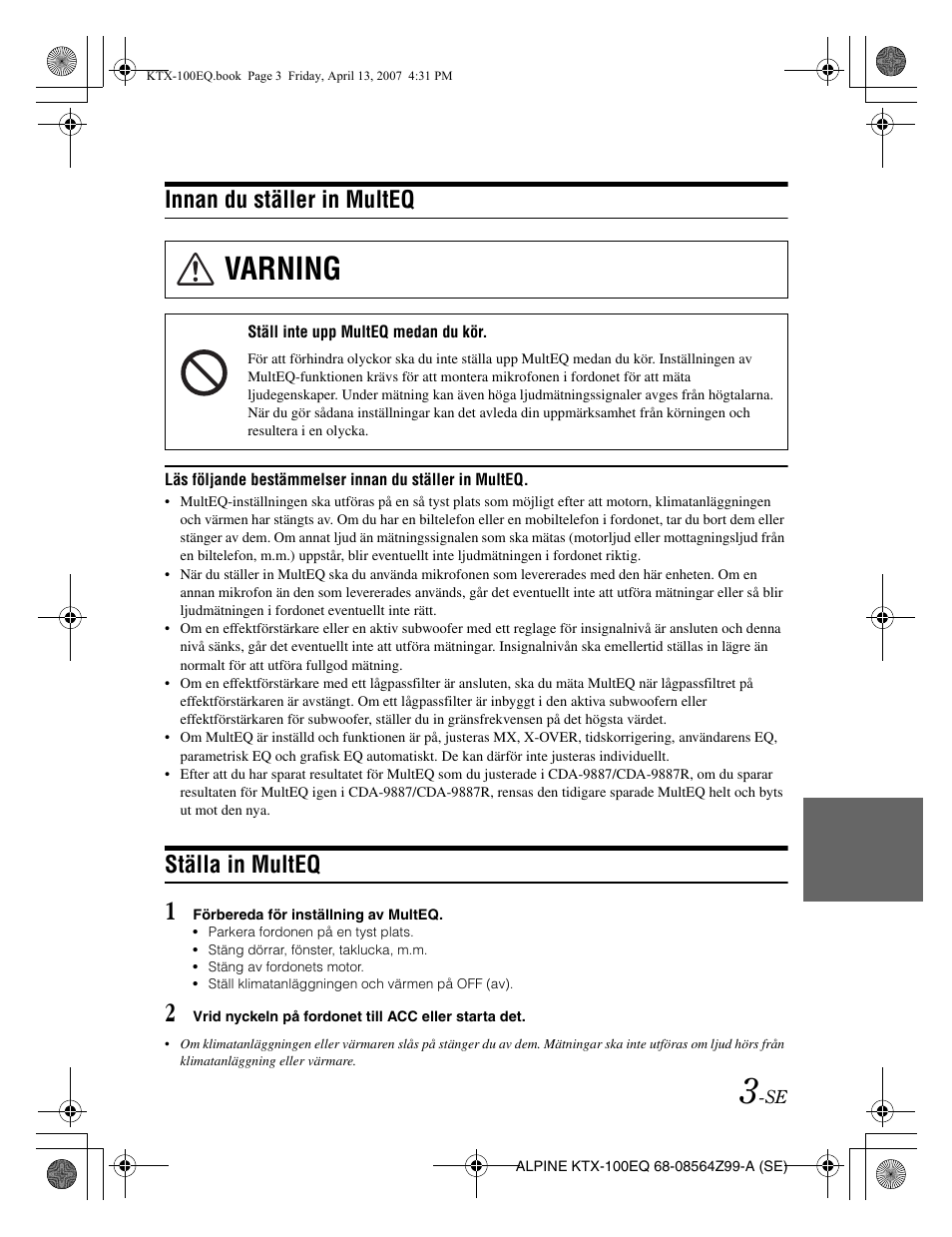 Varning, Innan du ställer in multeq, Ställa in multeq | Alpine KTX-100EQ User Manual | Page 45 / 60