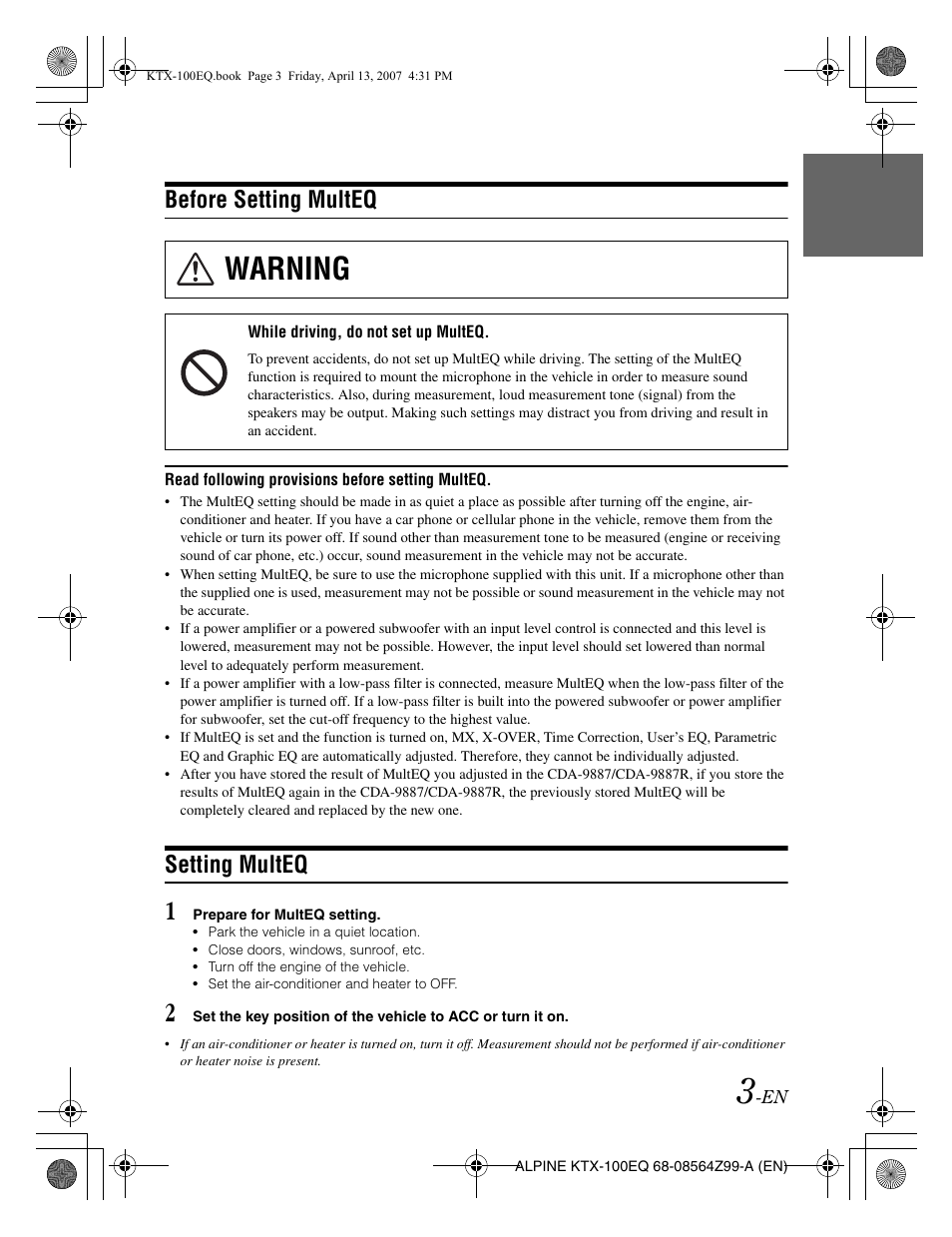 Warning, Before setting multeq, Setting multeq | Alpine KTX-100EQ User Manual | Page 5 / 60