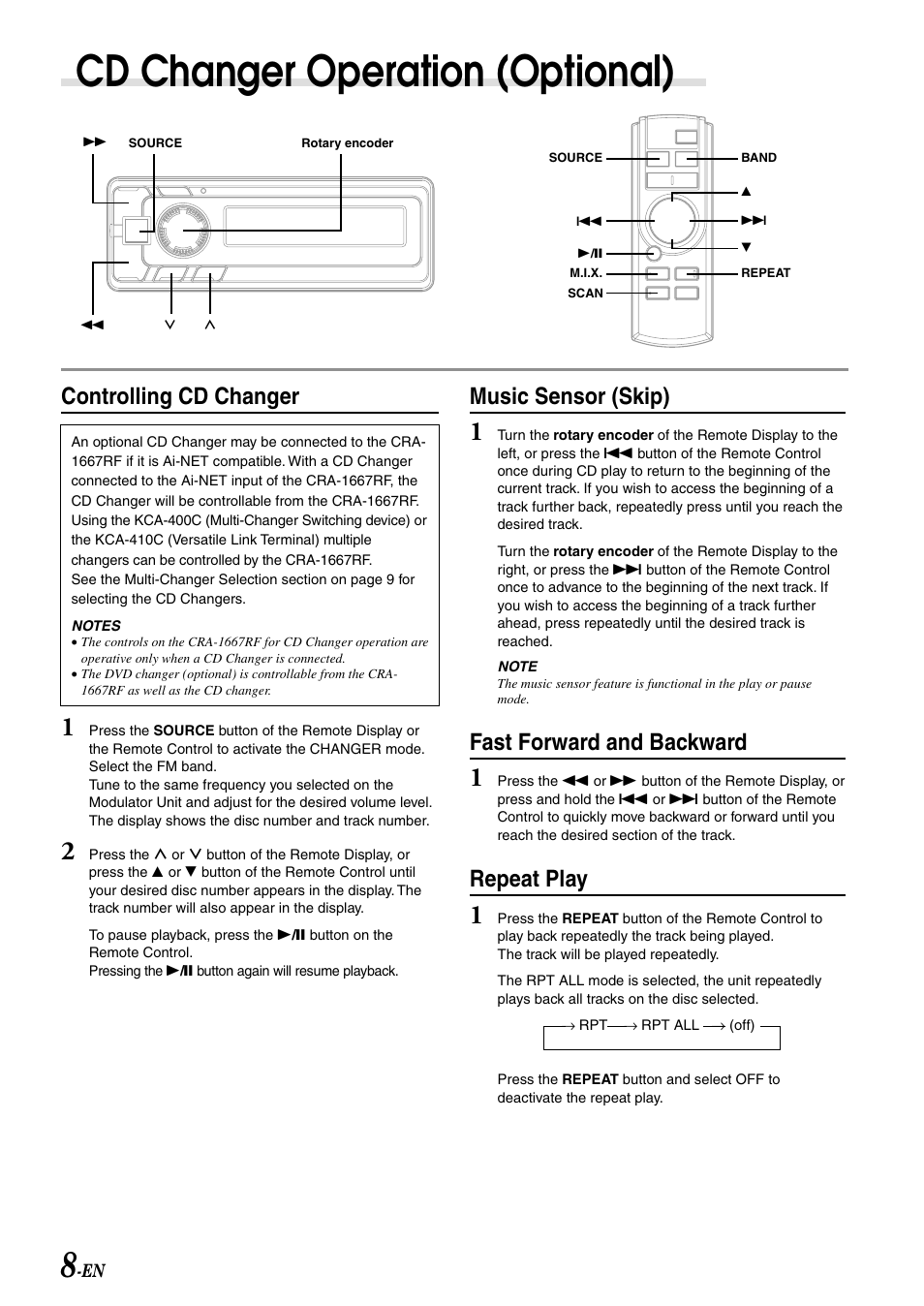 Cd changer operation (optional), Controlling cd changer, Music sensor (skip) | Fast forward and backward, Repeat play | Alpine CRA-1667RF User Manual | Page 10 / 23