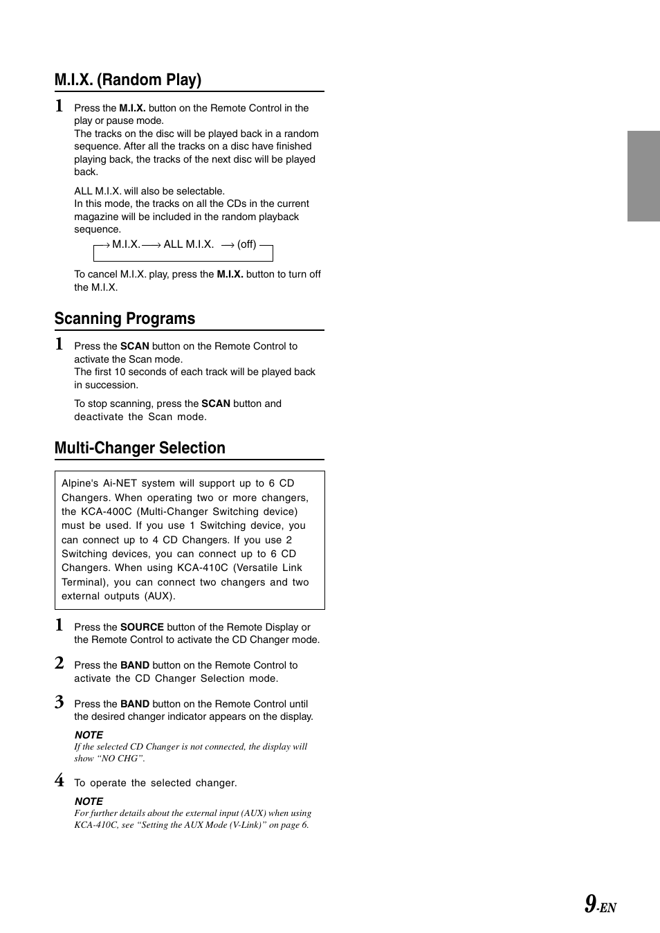 M.i.x. (random play), Scanning programs, Multi-changer selection | Alpine CRA-1667RF User Manual | Page 11 / 23