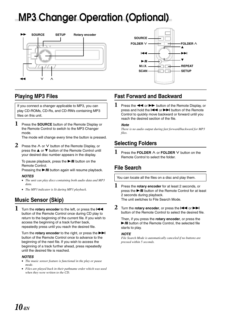 Mp3 changer operation (optional), Playing mp3 files, Music sensor (skip) | Fast forward and backward, Selecting folders, File search | Alpine CRA-1667RF User Manual | Page 12 / 23