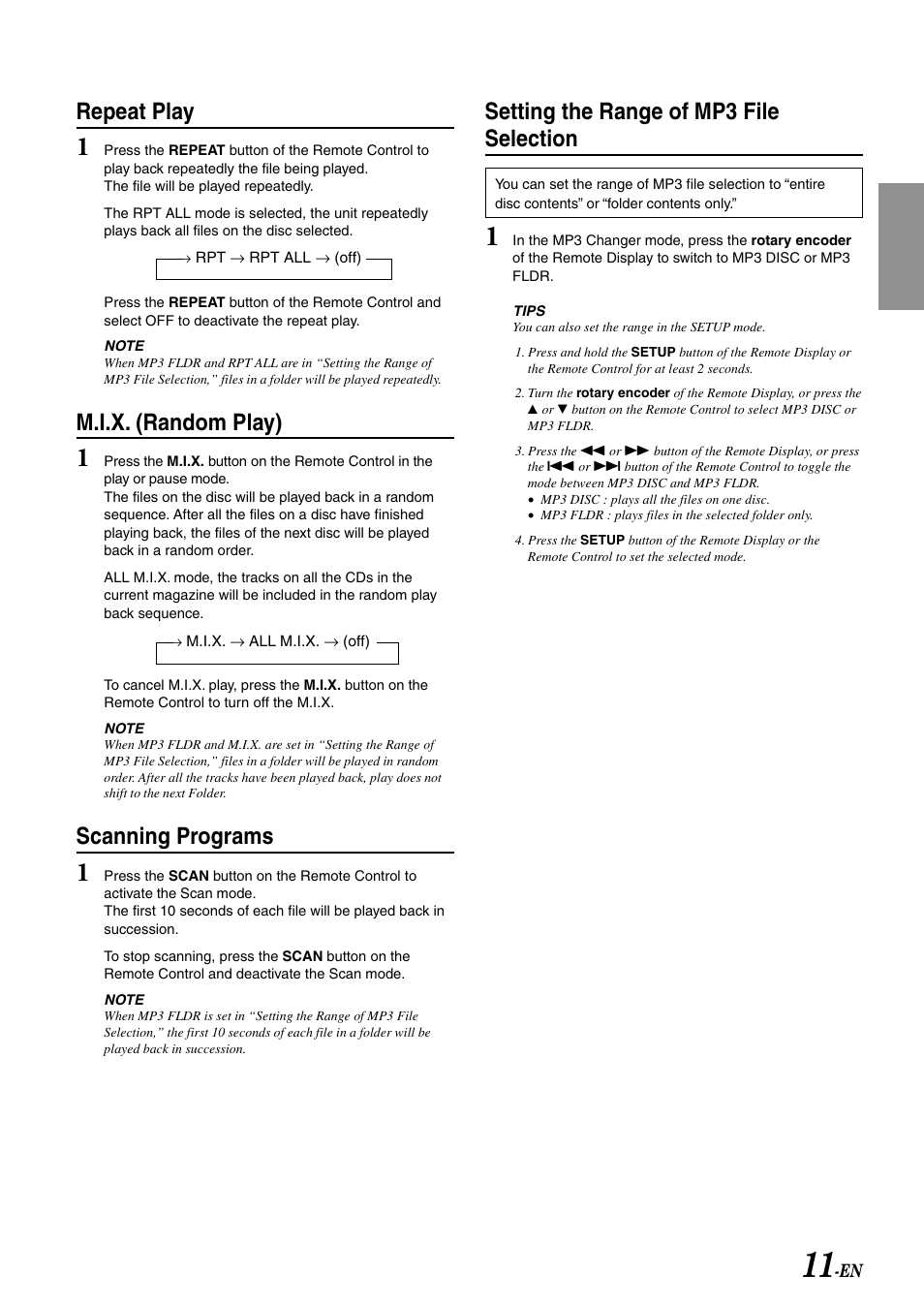 Repeat play, M.i.x. (random play), Scanning programs | Setting the range of mp3 file selection | Alpine CRA-1667RF User Manual | Page 13 / 23