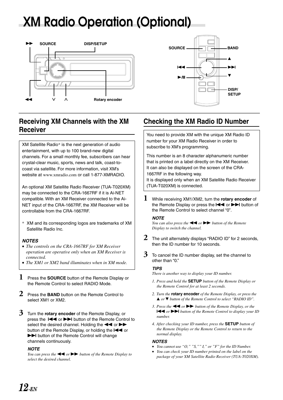 Xm radio operation (optional), Receiving xm channels with the xm receiver, Checking the xm radio id number | Alpine CRA-1667RF User Manual | Page 14 / 23