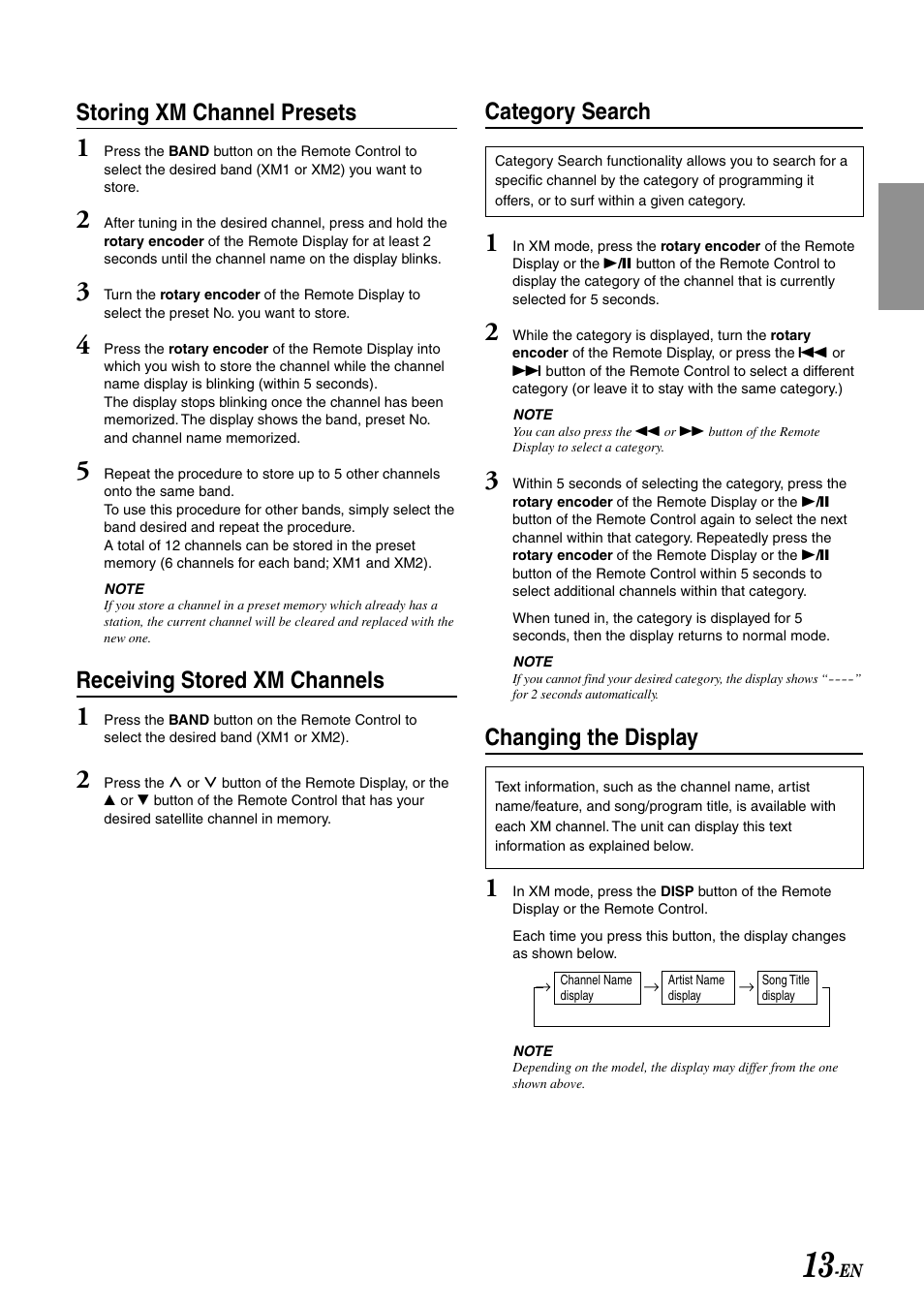 Storing xm channel presets, Receiving stored xm channels, Category search | Changing the display | Alpine CRA-1667RF User Manual | Page 15 / 23