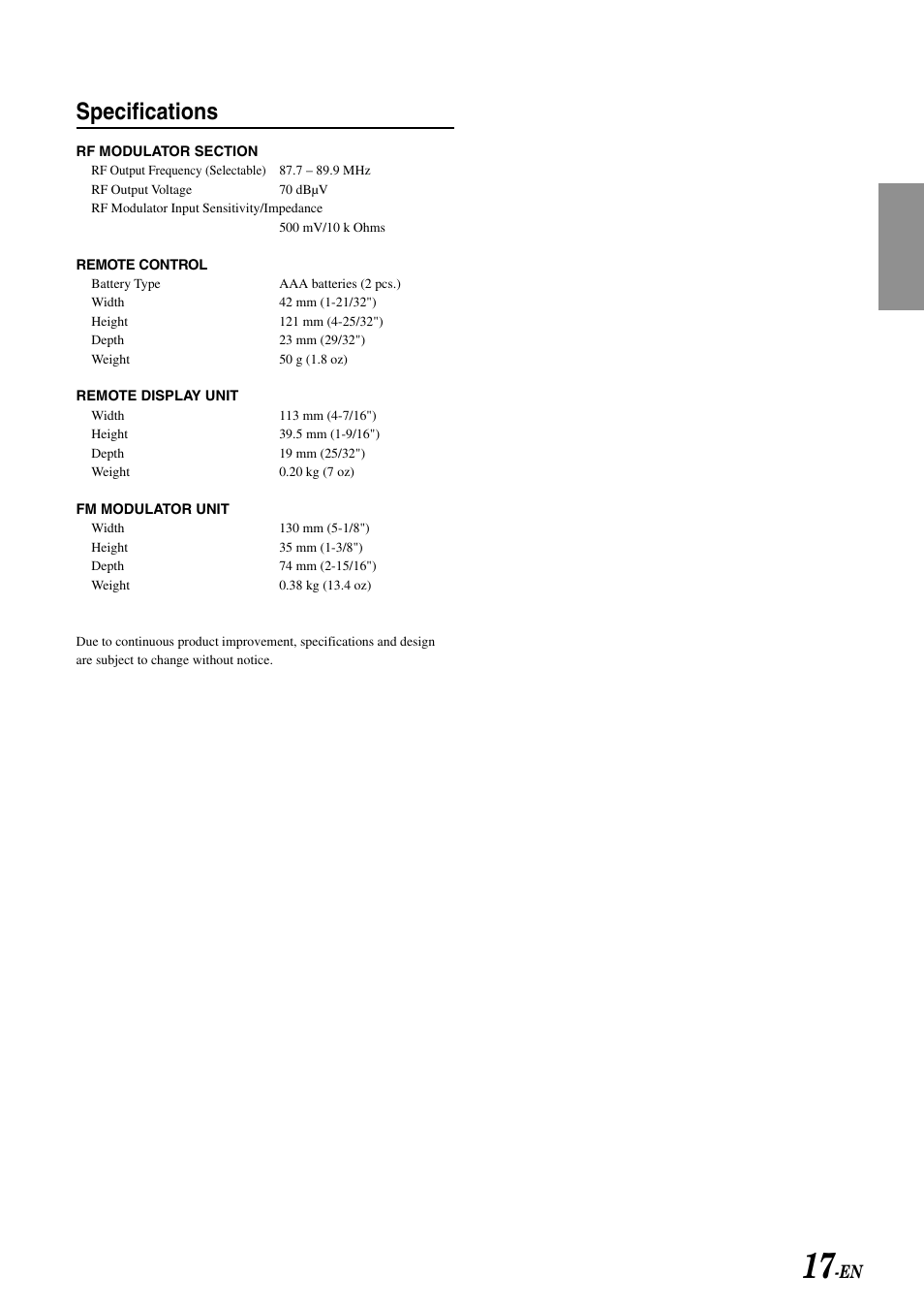 Specifications | Alpine CRA-1667RF User Manual | Page 19 / 23