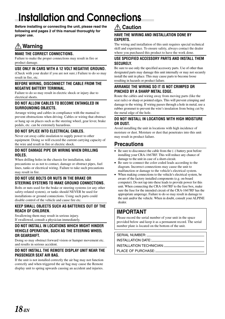 Installation and connections, Caution, Precautions | Important, Warning | Alpine CRA-1667RF User Manual | Page 20 / 23