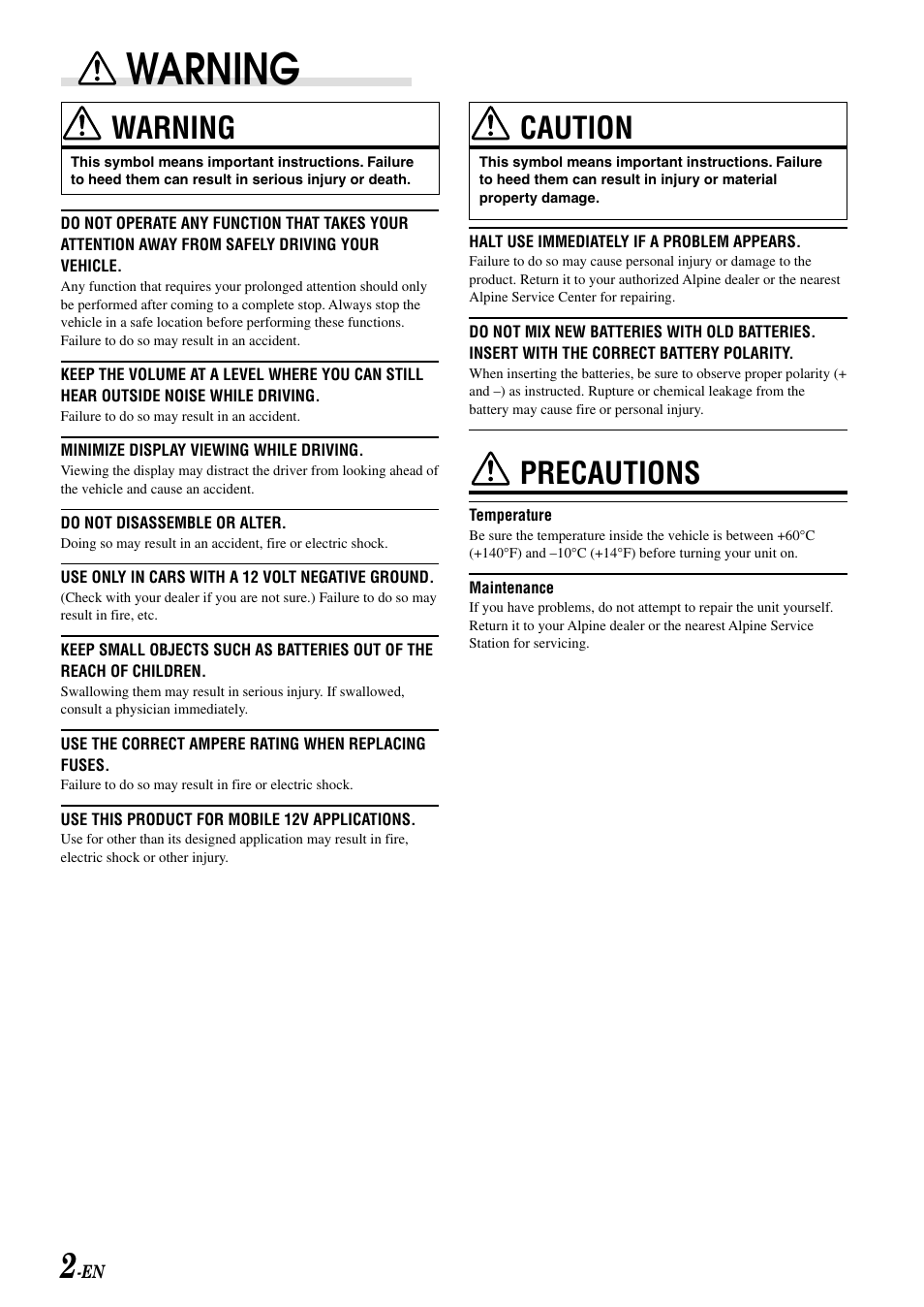 Warning, Caution, Precautions | Alpine CRA-1667RF User Manual | Page 4 / 23