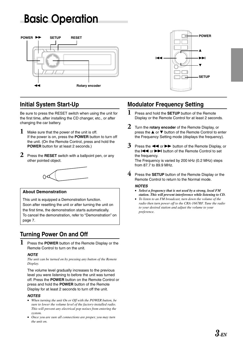 Basic operation, Initial system start-up, Turning power on and off | Modulator frequency setting | Alpine CRA-1667RF User Manual | Page 5 / 23