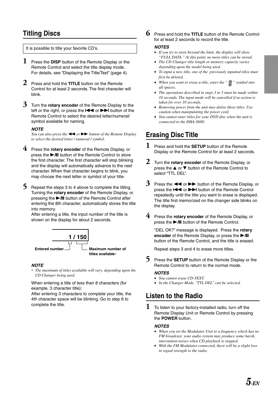 Titling discs, Erasing disc title, Listen to the radio | Alpine CRA-1667RF User Manual | Page 7 / 23