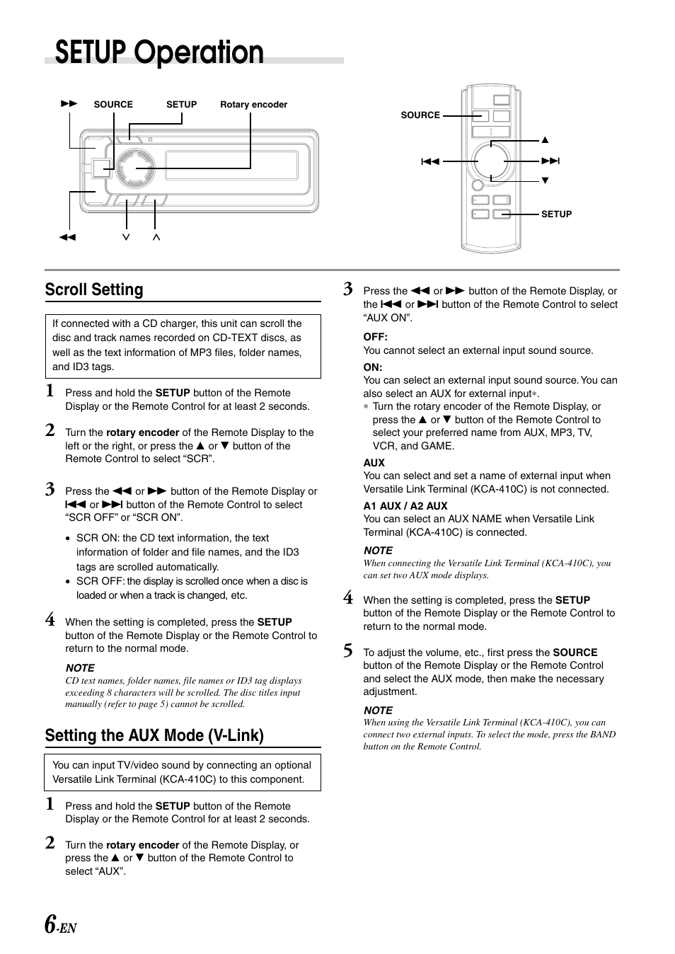 Setup operation, Scroll setting, Setting the aux mode (v-link) | Alpine CRA-1667RF User Manual | Page 8 / 23