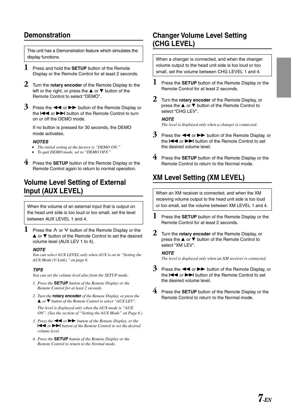 Demonstration, Volume level setting of external input (aux level), Changer volume level setting (chg level) | Xm level setting (xm level) | Alpine CRA-1667RF User Manual | Page 9 / 23