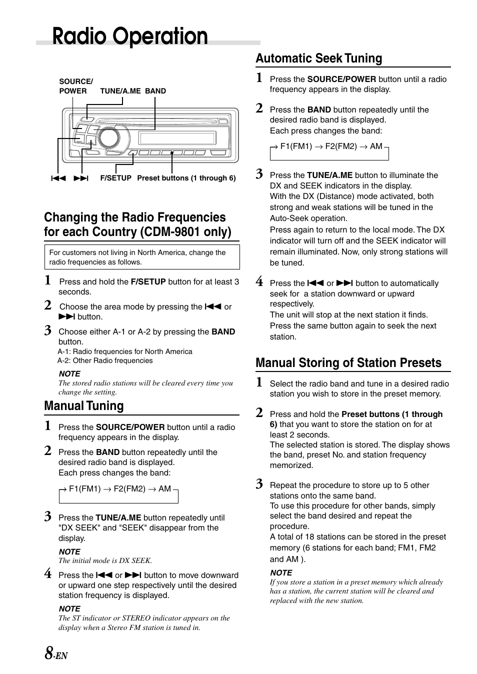 Tuner mode, Radio operation, Manual tuning | Automatic seek tuning, Manual storing of station presets | Alpine cdm-9803 User Manual | Page 10 / 23