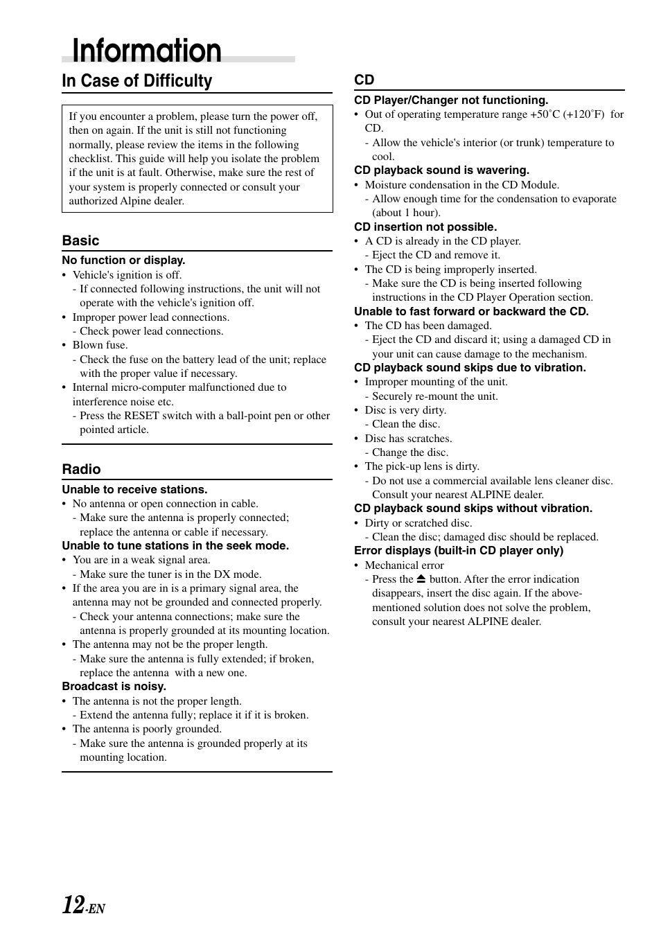 Troubleshooting, Information | Alpine cdm-9803 User Manual | Page 14 / 23