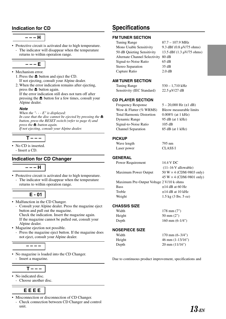 Specs, Specifications, Indication for cd | Indication for cd changer | Alpine cdm-9803 User Manual | Page 15 / 23
