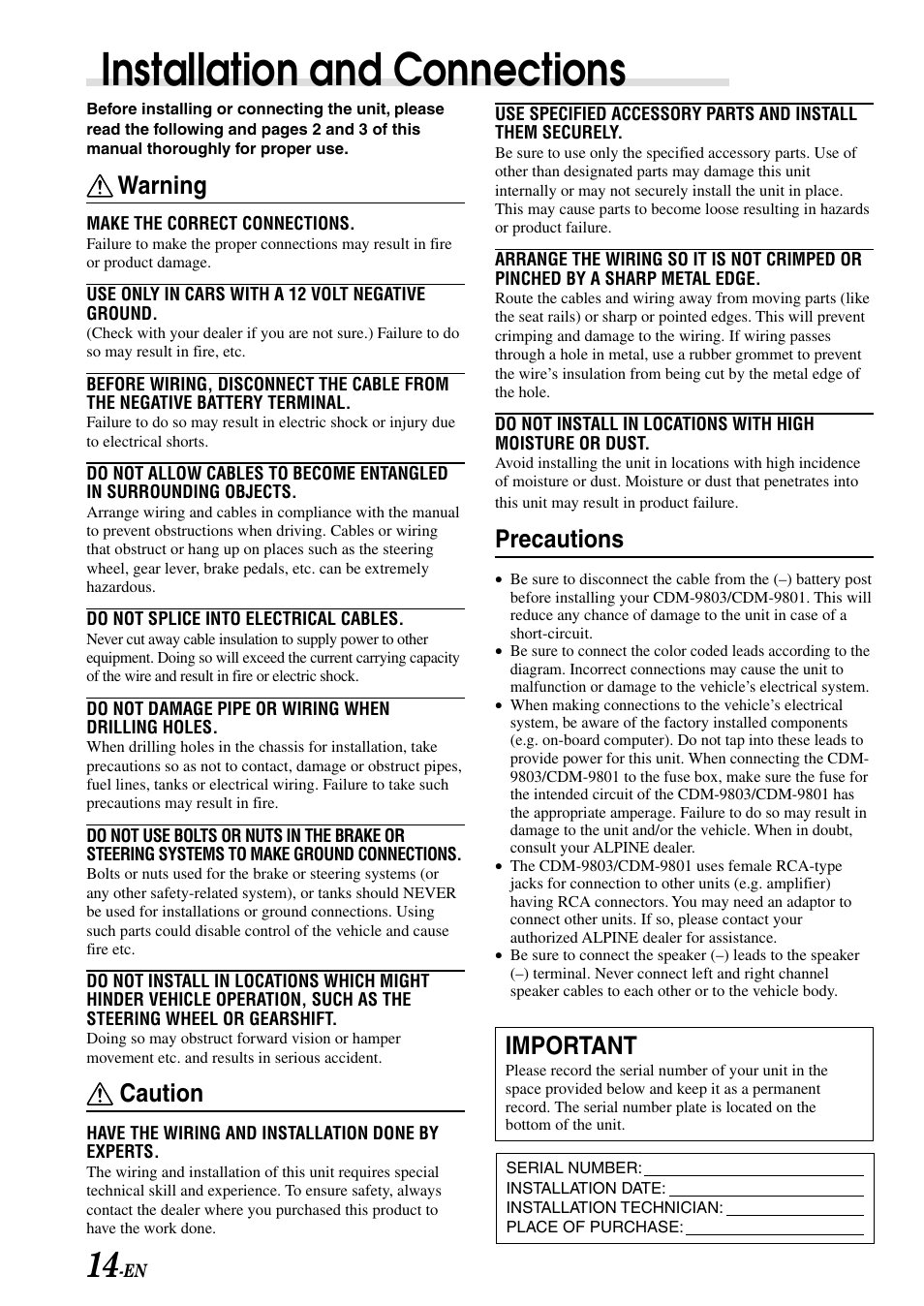 Installation, Installation and connections, Warning | Caution, Important, Precautions | Alpine cdm-9803 User Manual | Page 16 / 23